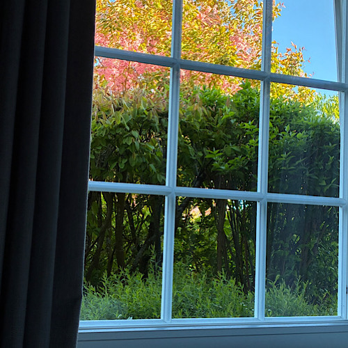 img 2025 05 17 133650 Blick durch ein Fenster auf grünen Garten