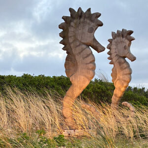 img 2025 05 17 154827 Holzskulpturen von Seepferdchen im hohen Gras vor dem Restaurant Samoa Seepferdchen in Ramtum / Sylt
